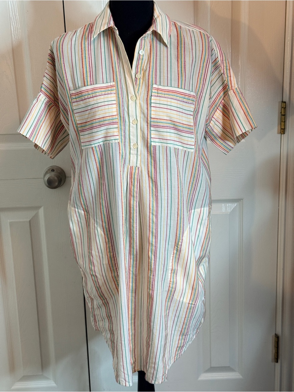 Madewell Rainbow Striped Short-Sleeve Shirt Dress Cotton Linen XS
